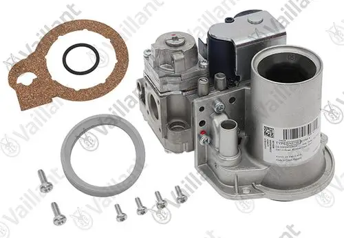 Vaillant Gasarmatur, bestehend aus einem Gehäuse mit Anschlüssen, Schrauben, Dichtungen und einer elektrischen Komponente.